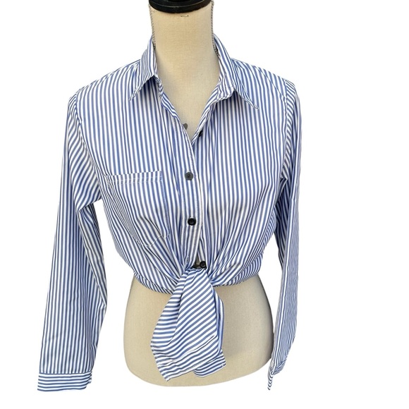 Blue & White Stripe Button Front Stretch Shirt Top Blouse (6) - Picture 8 of 12